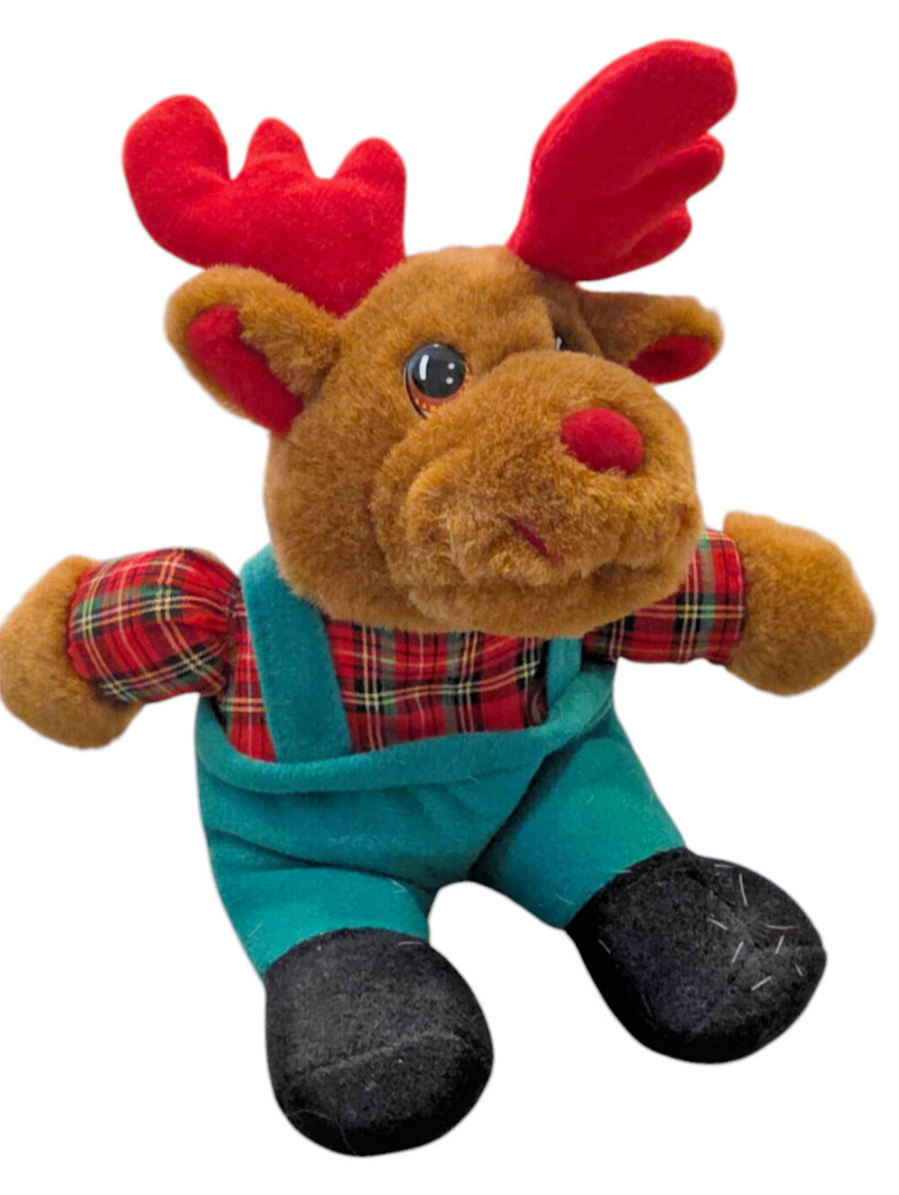 Vintage Reindeer Plush Great American Fun Corp wearing plaid and overalls